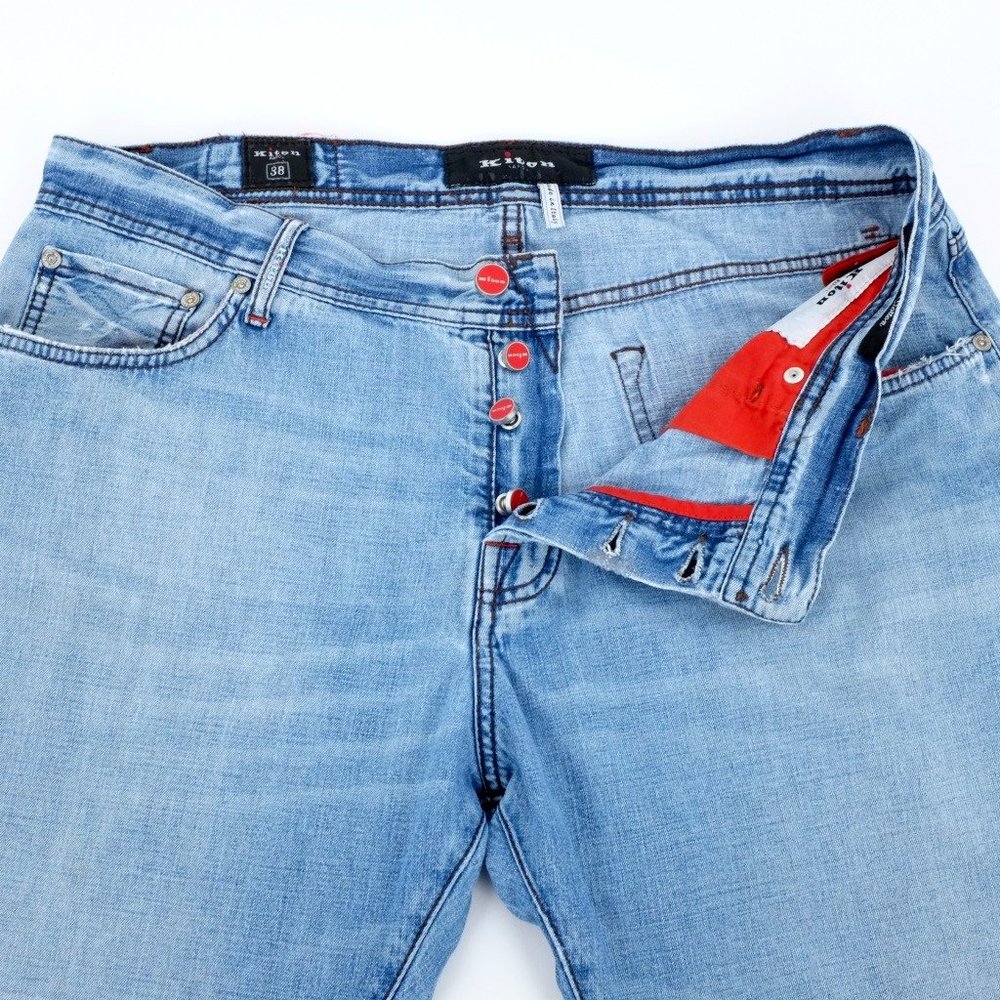 Kiton Napoli Straight Fit Light Wash Denim Jeans 36W 33L Made Italy 100% Cotton